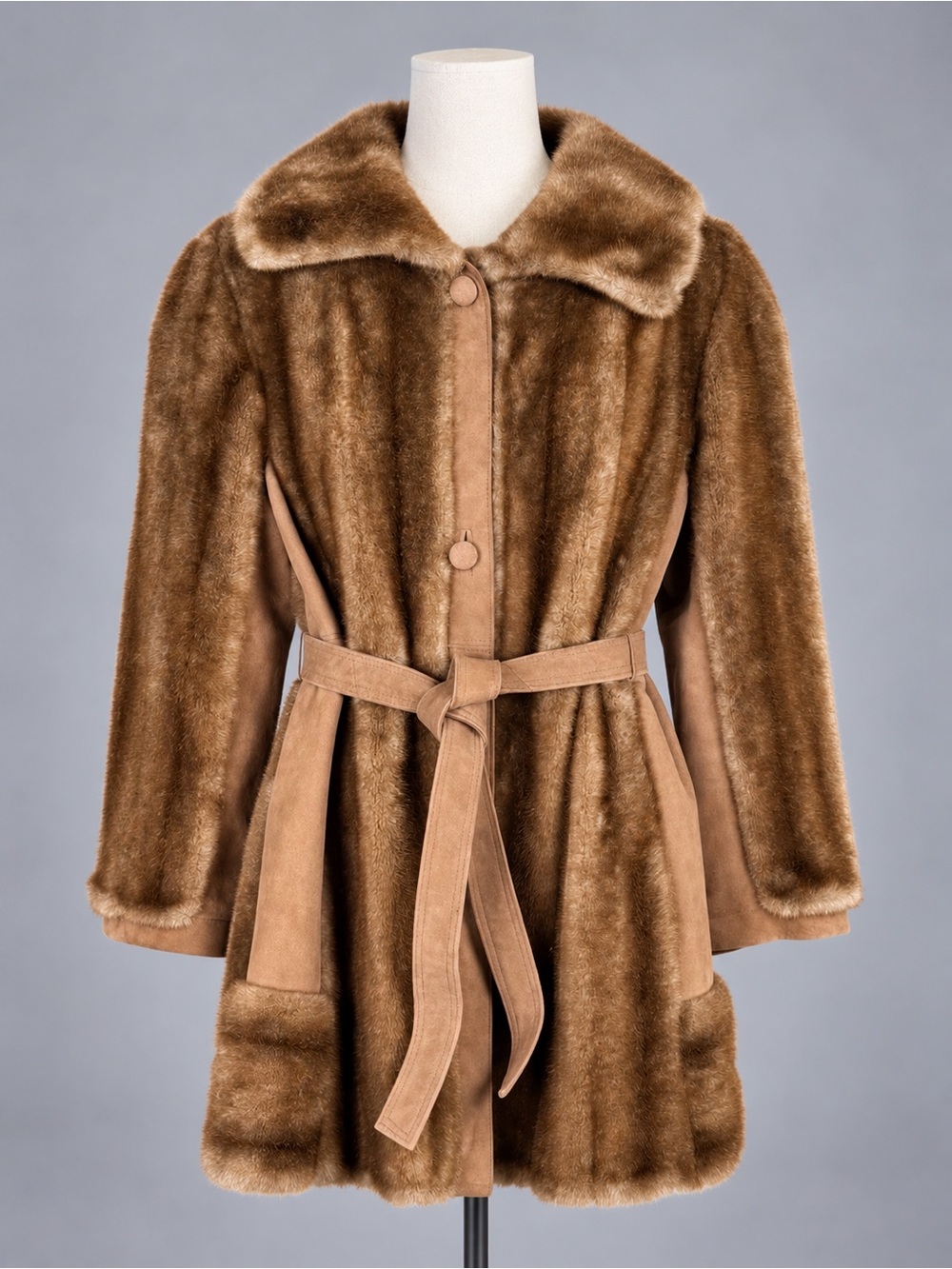 Vintage 60s 70s Lilli Ann Faux Fur Coat M/L Brown Belted Made in England